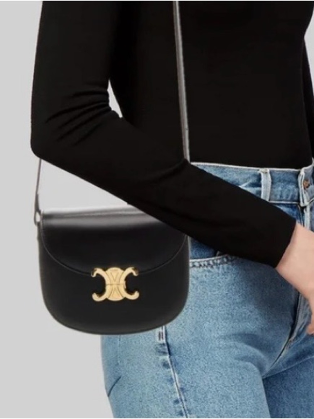 Celine Besace Triomphe Crossbody Saddle Bag Black Gold Hardware